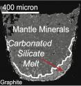 A microscopic sample of rock squeezed in a lab at Rice University to pressures it would experience hundreds of kilometers inside the Earth's mantle show evidence of magma (silicate melt) formation. New research led by Rice shows magma can form as deep as 250 kilometers inside the mantle. A microscopic sample of rock squeezed in a lab at Rice University to pressures it would experience hundreds of kilometers inside the Earth's mantle show evidence of magma (silicate melt) formation. New research led by Rice shows magma can form as deep as 250 kilometers inside the mantle.
