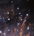 This image, obtained during the late commissioning phase of the GeMS adaptive optics system, with the Gemini South AO Imager (GSAOI) on the night of Dec. 28, 2012, reveals exquisite details in the outskirts of the Orion Nebula. The large adaptive optics field-of-view (85 arcseconds across) demonstrates the system's extreme resolution and uniform correction across the entire field. The three filters used for this composite color image include [Fe II], H2, and, K(short)-continuum (2.093 microns) for blue, orange, and white layers respectively. The natural seeing while these data were taken ranged from about 0.8 to 1.1 arcseconds, with AO corrected images ranging from 0.084 to 0.103 arcsecond. Each filter had a total integration (exposure) of 600 seconds. In this image, the blue spots are clouds of gaseous iron "bullets" being propelled at supersonic speeds from a region of massive star formation outside, and below, this image's field-of-view. As these "bullets" pass through neutral hydrogen gas it heats up the hydrogen and produces the pillars that trace the passage of the iron clouds.

Principal Investigator(s): John Bally and Adam Ginsberg, University of Colorado and the GeMS/GSAOI commissioning team; Data processing/reduction: Rodrigo Carrasco, Gemini Observatory; Color image composite: Travis Rector, University of Alaska Anchorage.