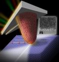 This is an illustration of a silicon atomic force microscope tip sliding over the surface of a diamond punch. While in contact, silicon atoms from the tip bond with the carbon atoms of the diamond and are left behind as the tip slides on. Penn researchers conducted the wear experiment in a transmission electron microscope to observe this "atomic attrition" in action. A TEM image of the tip is inset.