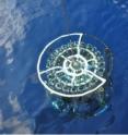 Oceanographic sampling equipment is shown being lowered into clear blue open ocean water. The clarity of the water is a consequence of low nutrient availability restricting the amount of planktonic microbes. Credit: Elizabeth Sargent, NOCS