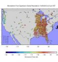 This map, taken from a University of Utah video, shows colored dots to represent the locations of portable seismometers in the Earthscope array, which is funded by the National Science Foundation. Most are now located in the eastern part of the United States. Blue-green dots indicate low seismic activity, while yellow-orange-red dots indicate stronger seismic activity. The map shows that when superstorm Sandy turned west-northwest toward Long Island, New York City and New Jersey on Oct. 29, 2012, the seismometers "lit up" because of ground shaking by certain ocean waves imparting energy to the seafloor.