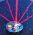 The attached image shows a microfabricated grating generating four new beams from a single incoming beam of light.