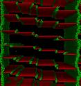 Since 2004, materials scientists and nanotechnologists have been excited about a special of arrangement of atoms called a "coherent twin boundary" that can add strength and other advantages to metals like gold and copper. The CTB's are often described as "perfect," appearing like a one-atom-thick perfectly-flat plane in models and images. New research at the University of Vermont and Lawrence Livermore National Laboratory shows that these boundaries are not so perfect after all. Even more surprising, the newly discovered kinks and defects appear to be the cause of the CTB's strength.This image shows a simulation of atoms in a coherent twin boundary (shown in red) in copper. The newly discovered "kink" defects appear as green step-like structures and folds in the red areas. The red twin boundaries extend between columns of green atoms which represent grain boundaries within the copper.