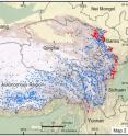 The researchers studied the traditional and current presence of Han Chinese in the Tibetan homeland. A map (above) of 1,960 settlements indicated if a location has a Han Chinese (red dots) or Tibetan (blue dots) name. The presence of traditionally Chinese towns peaked at 8,900 feet, or 2,700 meters, above sea level (yellow areas). Meanwhile, the greatest number of settlements with a Tibetan name is at 14,760 feet, or 4,500 meters (white area). The researchers studied the traditional and current presence of Han Chinese in the Tibetan homeland. A map (above) of 1,960 settlements indicated if a location has a Han Chinese (red dots) or Tibetan (blue dots) name. The presence of traditionally Chinese towns peaked at 8,900 feet, or 2,700 meters, above sea level (yellow areas). Meanwhile, the greatest number of settlements with a Tibetan name is at 14,760 feet, or 4,500 meters (white area).