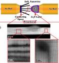 Michigan Tech scientist Reza Shahbazian-Yassar has developed a method for watching lithium ions in action within a nanobattery, a breakthrough that could lead to better batteries. Above, (a), the nanobattery setup inside the aberration corrected scanning transmission electron microscope. Below, (b), atomic resolution imaging of the front line of lithium ions entering a tin oxide nanowire. The atomic resolution images show the parallel lithium-ion channels and the formation of dislocations at the tip of the channels.