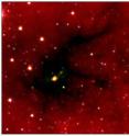 An infrared image of the cloud from the NASA Spitzer satellite shows the dark, dense filaments which are feeding the central forming massive star. (Low resolution image)