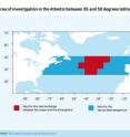 This shows the North Atlantic region, dark blue area was used for temperature data, red area for the heat flux. This shows the North Atlantic region, dark blue area was used for temperature data, red area for the heat flux.