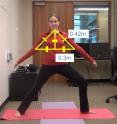 An incorrect Warrior II yoga pose is outlined showing angles and measurements. Using geometry, the Kinect reads the angles and responds with a verbal command to raise the arms to the proper height. An incorrect Warrior II yoga pose is outlined showing angles and measurements. Using geometry, the Kinect reads the angles and responds with a verbal command to raise the arms to the proper height.