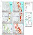Locations of each zoom-in are shown on the map of Seattle at right. A) Coastal bluffs in the northern part of Seattle are most affected when soils are saturated. B) There are several areas along the I-5 corridor that are highly susceptible to landsliding for all soil saturation levels, such as the area shown here near the access point to the West Seattle bridge. C) The hillsides in West Seattle along the Duwamish valley are at risk of seismically induced landsliding, such as the area shown here. There are industrial as well as 59 residential buildings that could be affected by runout from landsliding in these areas. D) The coastal bluffs along Puget Sound in West Seattle on the hanging wall of the fault, such as the area shown here, are the most highly susceptible areas to landsliding in the city; numerous residential structures are at risk from both potential landslide source areas and runout.