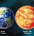 This illustration compares our Earth with the newly confirmed lava planet Kepler-78b. Kepler-78b is about 20 percent larger than Earth, with a diameter of 9,200 miles, and weighs roughly 1.8 times as much as Earth.