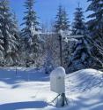 Snow covers the ground and instruments in an open gap site in the watershed.
