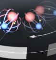 This is an artist's conception of JILA's new technique for measuring the electron's roundness, or electric dipole moment (EDM). The method involves trapping molecular ions of hafnium fluoride (red and blue spheres, respectively) in spinning electric and magnetic fields. Researchers measure changes over time in the "spin" direction of the molecules' unpaired electrons (arrows in yellow spheres), which act like tiny bar magnets. Specific patterns in the rate of change, reflecting alterations in the gap between two magnetic energy levels in the molecules, would indicate the existence and size of an EDM.