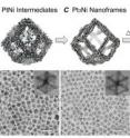These schematic illustrations and corresponding transmission electron microscope images show the evolution of platinum/nickel from polyhedra to dodecahedron nanoframes with platinum-enriched skin. These schematic illustrations and corresponding transmission electron microscope images show the evolution of platinum/nickel from polyhedra to dodecahedron nanoframes with platinum-enriched skin.