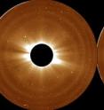 Scientists used these observations of the sun's atmosphere (the bright light of the sun itself is blocked by the black circle at the middle) from NASA's Solar Terrestrial Relations Observatory on Aug. 5, 2007, to define the outer limits of the solar atmosphere, the corona. Scientists used these observations of the sun's atmosphere (the bright light of the sun itself is blocked by the black circle at the middle) from NASA's Solar Terrestrial Relations Observatory on Aug. 5, 2007, to define the outer limits of the solar atmosphere, the corona.