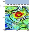This is a location map. Black rectangle delineates the area shown in Figures 1B and 2. (B) Map of surface chlorophyll from June 22, 2012 (day 174), emphasizing the phytoplankton patch as a distinct area of high chlorophyll concentration. Thick black lines mark the main attracting Lagrangian coherent structures from calculation of finite-size Lyapunov exponents. To facilitate the presentation, we plotted only the highest 20 percent of FSLEs (for the entire FSLE field, see Figure 2C). Thin black contour outline region of strong Chl gradient is used to define patch boundaries. Magenta diamonds mark the position of Argo floats used for extracting the mixed layer depth in the patch vicinity. Green diamonds mark the location of the sampling stations.