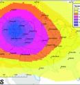 An example of the possible distribution of ash from a month-long Yellowstone supereruption. The distribution map was generated by a new model developed by the US Geological Survey using wind information from January 2001. The improved computer model, detailed in a new study published in Geochemistry, Geophysics, Geosystems, finds that the hypothetical, large eruption would create a distinctive kind of ash cloud known as an umbrella, which expands evenly in all directions, sending ash across North America. Ash distribution will vary depending on cloud height, eruption duration, diameter of volcanic particles in the cloud, and wind conditions, according to the new study. An example of the possible distribution of ash from a month-long Yellowstone supereruption. The distribution map was generated by a new model developed by the US Geological Survey using wind information from January 2001. The improved computer model, detailed in a new study published in Geochemistry, Geophysics, Geosystems, finds that the hypothetical, large eruption would create a distinctive kind of ash cloud known as an umbrella, which expands evenly in all directions, sending ash across North America. Ash distribution will vary depending on cloud height, eruption duration, diameter of volcanic particles in the cloud, and wind conditions, according to the new study.