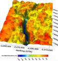 A 3-D map of bedrock beneath Jakobshavn Glacier was generated with ice-penetrating radar data.