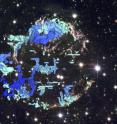 This composite image shows two perspectives of a three-dimensional reconstruction of the Cassiopeia A supernova remnant. This new 3-D map provides the first detailed look at the distribution of stellar debris following a supernova explosion. Such 3-D reconstructions encode important information for astronomers about how massive stars actually explode. The blue-to-red colors correspond to the varying speed of the emitting gas along our line of sight. The background is a Hubble Space Telescope composite image of the supernova remnant. This composite image shows two perspectives of a three-dimensional reconstruction of the Cassiopeia A supernova remnant. This new 3-D map provides the first detailed look at the distribution of stellar debris following a supernova explosion. Such 3-D reconstructions encode important information for astronomers about how massive stars actually explode. The blue-to-red colors correspond to the varying speed of the emitting gas along our line of sight. The background is a Hubble Space Telescope composite image of the supernova remnant.