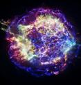 A photograph of Cas A from NASA's Chandra X-ray Observatory reveals the supernova remnant's complex structure. In this representative-color image low-energy X-rays are red, medium-energy ones are green, and the highest-energy X-rays detected by Chandra are colored blue. A photograph of Cas A from NASA's Chandra X-ray Observatory reveals the supernova remnant's complex structure. In this representative-color image low-energy X-rays are red, medium-energy ones are green, and the highest-energy X-rays detected by Chandra are colored blue.