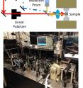 A laser pulse is split into two paths: circularly polarized pump (blue) and linearly polarized probe (red). The pump's path length is adjustable using a delay stage so that the relative arrival time between the pump and probe can be adjusted. After the probe is reflected from the sample surface, the light is passed through a Walloston Prism and sent to a balanced photo-diode bridge. This allows for very sensitive measurements of the Faraday rotation due to electron spin polarizations. A laser pulse is split into two paths: circularly polarized pump (blue) and linearly polarized probe (red). The pump's path length is adjustable using a delay stage so that the relative arrival time between the pump and probe can be adjusted. After the probe is reflected from the sample surface, the light is passed through a Walloston Prism and sent to a balanced photo-diode bridge. This allows for very sensitive measurements of the Faraday rotation due to electron spin polarizations.