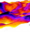 This image shows a 3-D visualization of the toner layer on top of coated paper. The dark blue areas show thin layers of toner, whereas the yellow shows thicker layers.