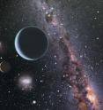 This is an artist's impression of a view from the HD 7924 planetary system looking back toward our sun, which would be easily visible to the naked eye. Since HD 7924 is in our northern sky, an observer looking back at the sun would see objects like the Southern Cross and the Magellanic Clouds close to our sun in their sky.