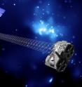An illustration of the NuSTAR satellite observatory in orbit. The unique 10-meter-long mast allows NuSTAR to focus high-energy X-rays.