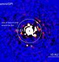 This is the discovery image of 51 Eri b with the Gemini Planet Imager taken in the near-infrared light on December 18, 2014. The bright central star has been mostly removed by a hardware and software mask to enable the detection of the exoplanet one million times fainter. This is the discovery image of 51 Eri b with the Gemini Planet Imager taken in the near-infrared light on December 18, 2014. The bright central star has been mostly removed by a hardware and software mask to enable the detection of the exoplanet one million times fainter.