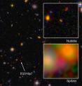 This is galaxy EGS8p7, as seen from the Hubble Space Telescope (wide and top right) and Spitzer Space Telescope (inset, bottom right), taken in infrared.