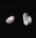 Pluto's moon Nix (left), shown here in enhanced color as imaged by the New Horizons Ralph instrument, and Pluto's moon Hydra (right) shown in this black and white image taken from New Horizons' LORRI instrument. Both images were taken on July 14, 2015.
