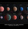 This image shows an artist's impression of the ten hot Jupiter exoplanets studied by astronomer David Sing and his colleagues using the Hubble and Spitzer space telescopes. From top left to lower left, these planets are WASP-12b, WASP-6b, WASP-31b, WASP-39b, HD 189733b, HAT-P-12b, WASP-17b, WASP-19b, HAT-P-1b and HD 209458b.