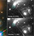 This image composite shows the search for the supernova, nicknamed Refsdal, using the NASA/ESA Hubble Space Telescope.

<p>The image to the left shows a part of the the deep field observation of the galaxy cluster MACS J1149.5+2223 from the Frontier Fields program. The circle indicates the predicted position of the newest appearance of the supernova. To the lower right the Einstein cross event from late 2014 is visible.

<p>The image on the top right shows observations by Hubble from October 2015, taken at the beginning of observation program to detect the newest appearance of the supernova.

<p>The image on the lower right shows the discovery of the Refsdal Supernova on Dec. 11, 2015, as predicted by several different models.