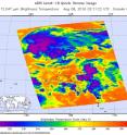 The AIRS instrument aboard NASA's Aqua satellite looked at cloud top temperatures within Tropical Depression 08W on Aug. 7, 2016, at 10:11 p.m. EDT (Aug. 8 at 2:11 p.m. UTC). The purple color indicates the coldest cloud tops and strongest storms.